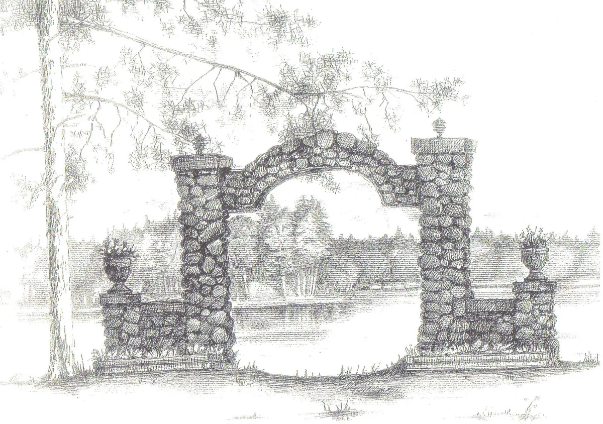 Pencil sketch of the stone entrance arch at Shorewood Vista, with Lake George and pines beyond