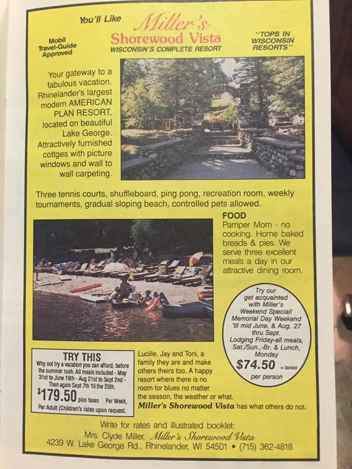 Yellow magazine ad for Miller's Shorewood Vista headed 'Wisconsin's Complete Resort' with photos of the stone arch and the beach