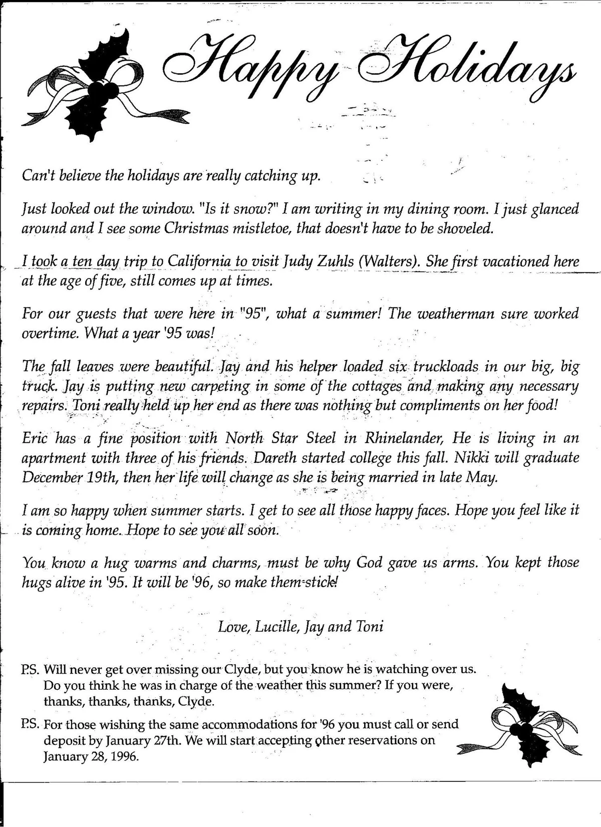 Typed Happy Holidays newsletter from Lucille Miller to former guests, December 1995